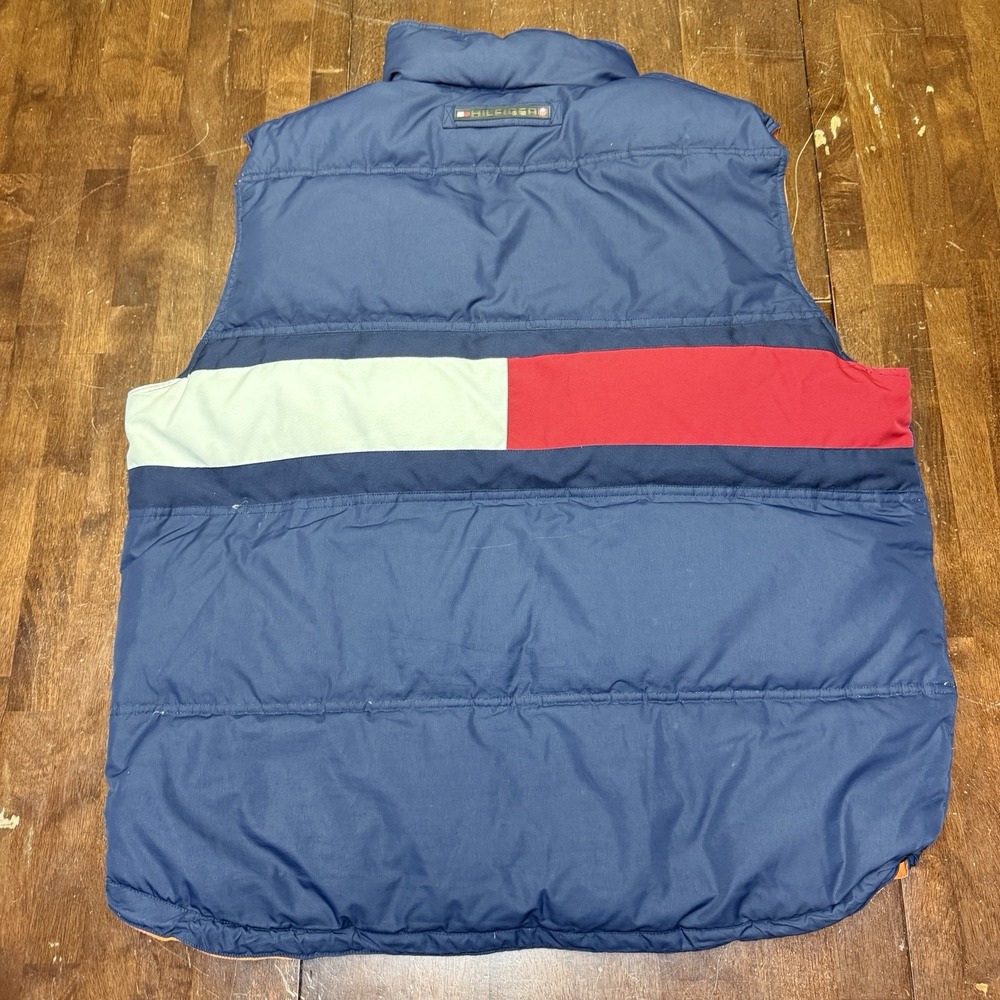 Vtg Tommy Hilfiger Vest Mens XL Navy Orange Reversible Down Puffer Colorblock - Picture 2 of 11